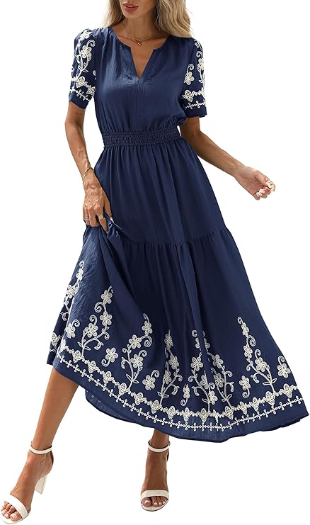 PRETTYGARDEN Women's Summer Boho Maxi Dress 2026 Spring Floral Short Sleeve V Neck A Line Flowy Beach Wedding Guest Dresses